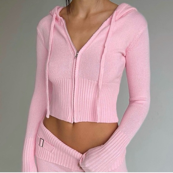 Frankie's Bikinis Sweaters - Frankie’s Bikinis Pink Cropped Zip-Up Hoodie Sweater Size S